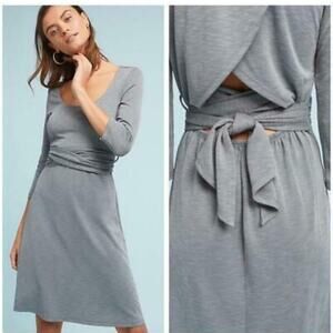 Amadi Anthropologie Gray Petite Medium Tie-Waist Dress Tulip Back NWT Stretch